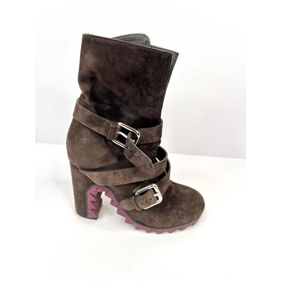 JIL SANDER Size 5.5 Brown Suede Double Buckle Ankle Boots Serrated Sole - Picture 2 of 12